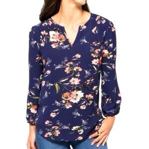 New Stitch Fix Navy Blue Floral Top Split Neck 3/4 Sleeve Blouse Women’s Sz XS